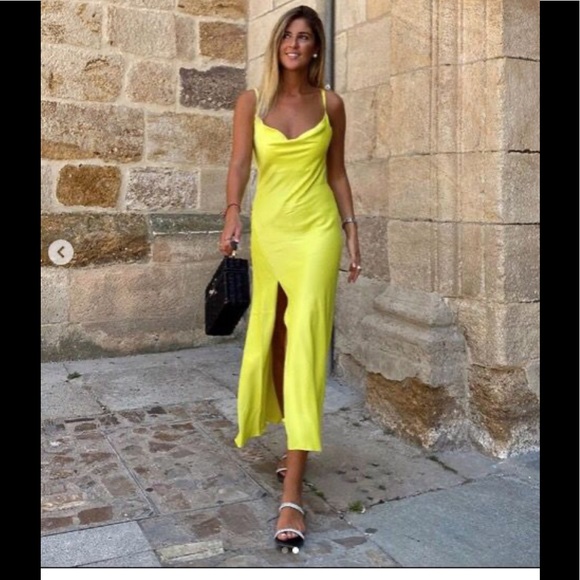 Zara green/ yellowish satin draped split dress - Picture 3 of 12